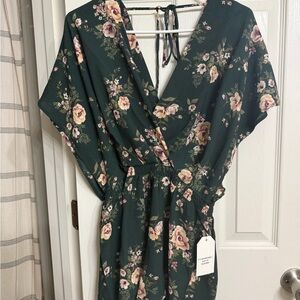 Green Floral Wrap Romper with Pink & Cream Roses